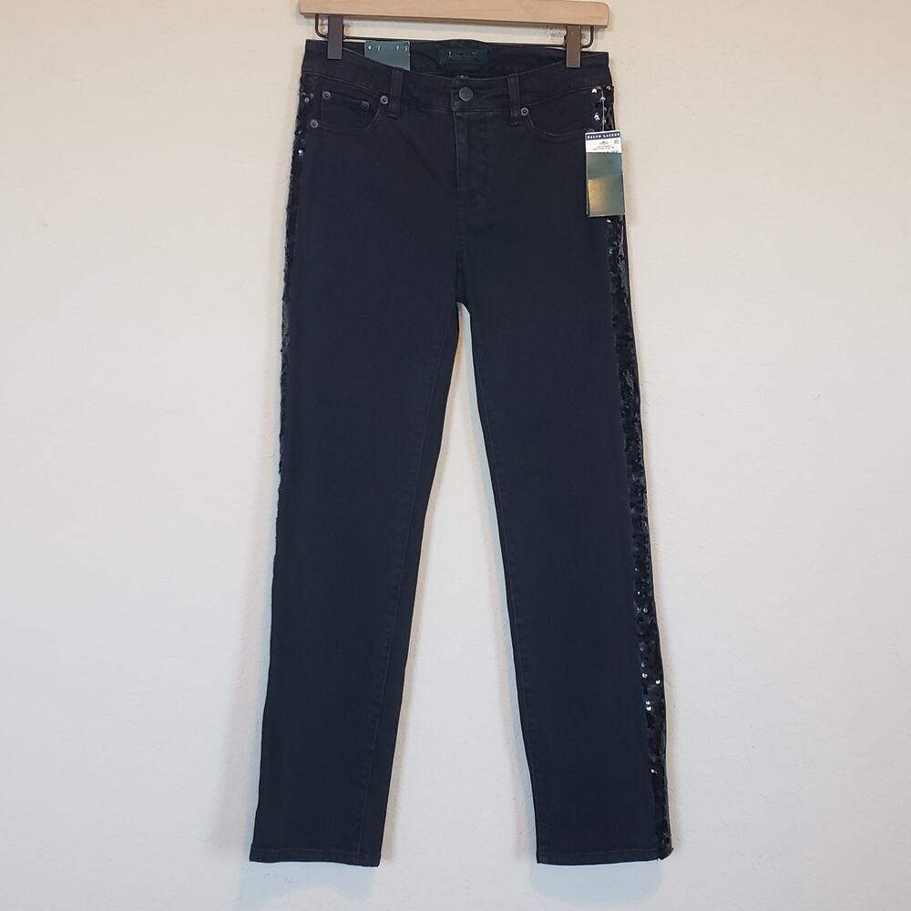 Lauren Ralph Lauren Classic Straight Ankle Jeans Stripe Black Sequins‎ Womens 0